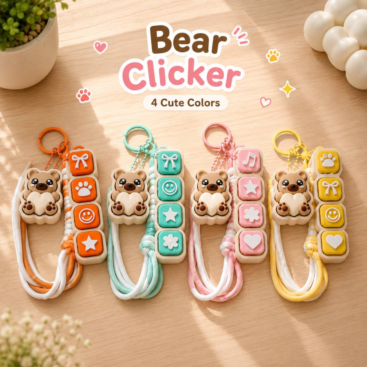 Bear Clicker keychain dalam empat kombinasi warna lucu