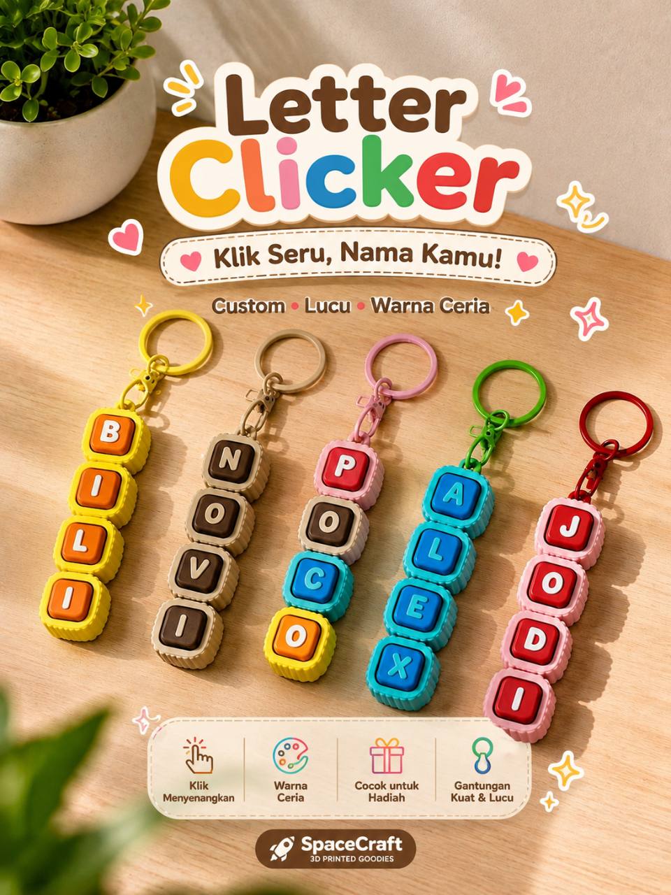 Letter Clicker custom warna ceria dengan berbagai nama
